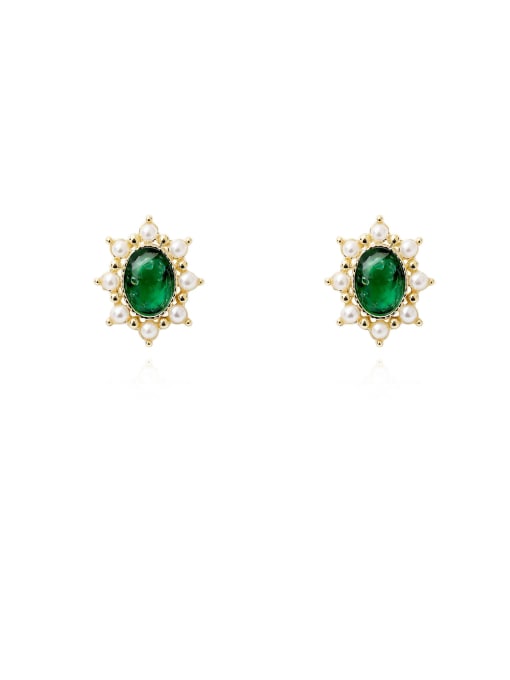 14K  gold [emerald] Copper Imitation Pearl Geometric Cute Stud Trend Korean Fashion Earring